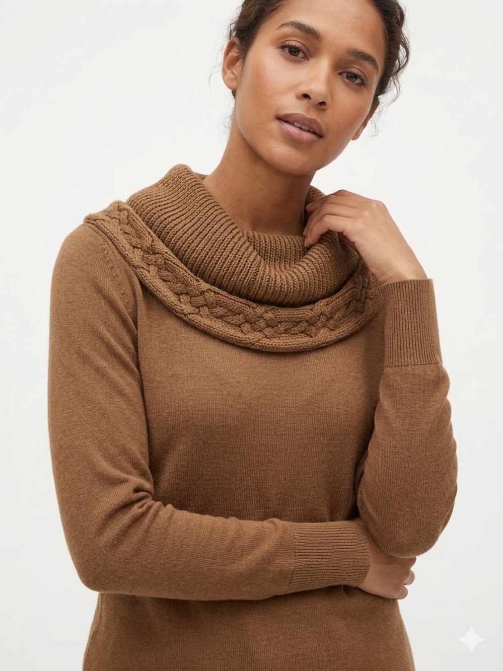 Tahari Camel Brown Cowl Neck Cable Knit Border Trim Sweater Large - 640